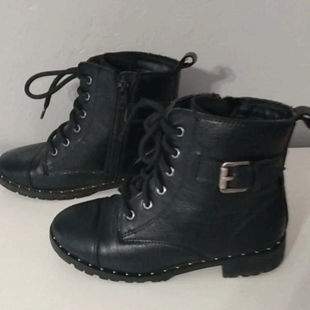 Kids‎ Black Combat Boots Side Zip Buckle Studded Sole Lace Up Size 12